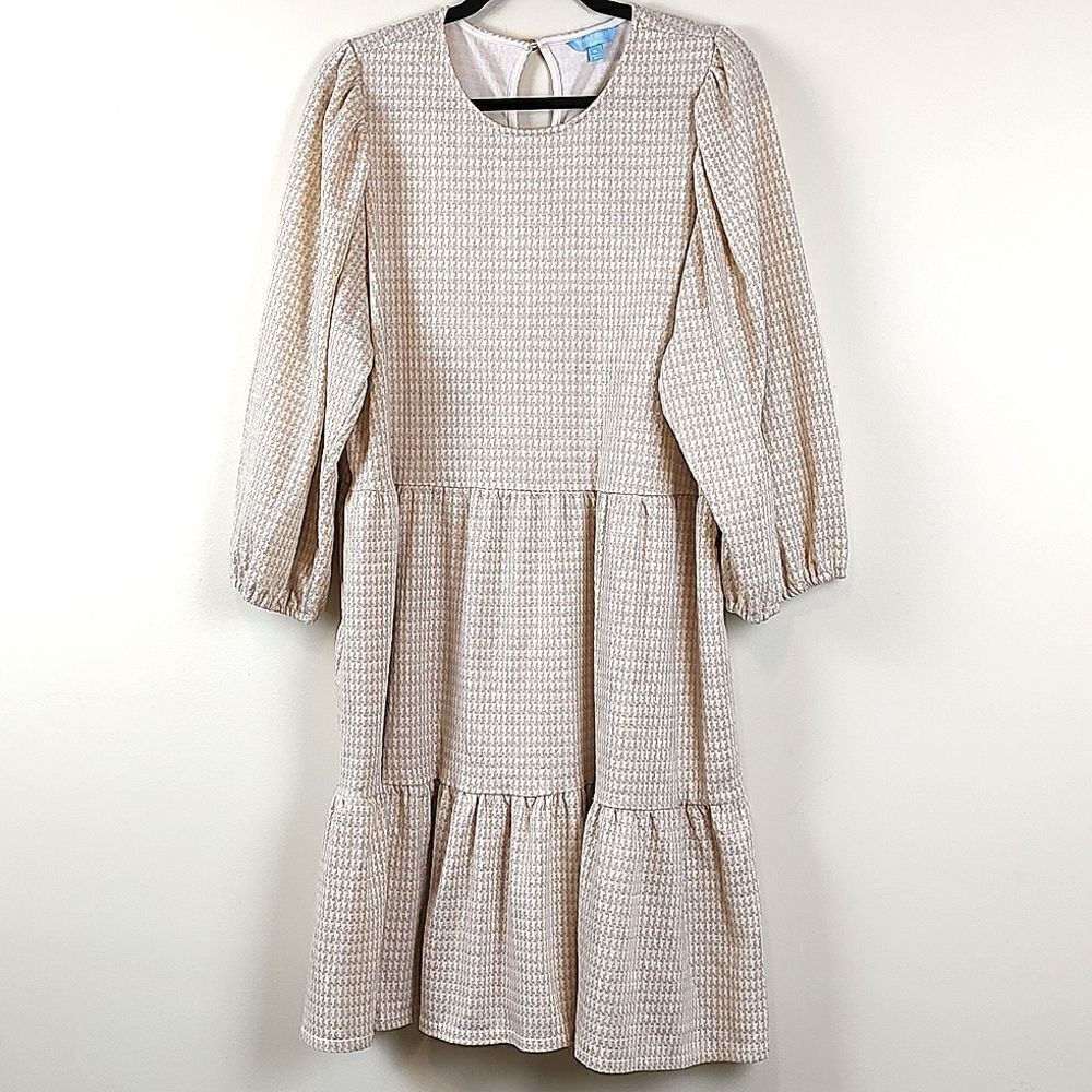 Draper James RSVP Puff Sleeve Tier Dress Gold Metallic and Cream Size XL